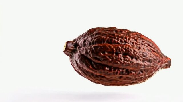 Cocoa pod (fruit) is flying in space, isolated on a white background.
