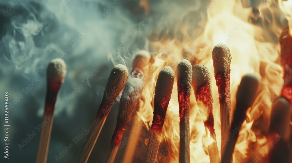 Poster burning matches in sequence with flames creating an intense and dynamic background showcasing the co
