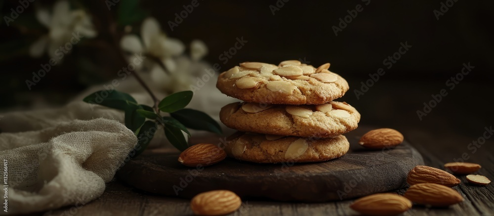 Poster almond biscuits styled on a rustic surface with almonds and dark backdrop highlighting their texture