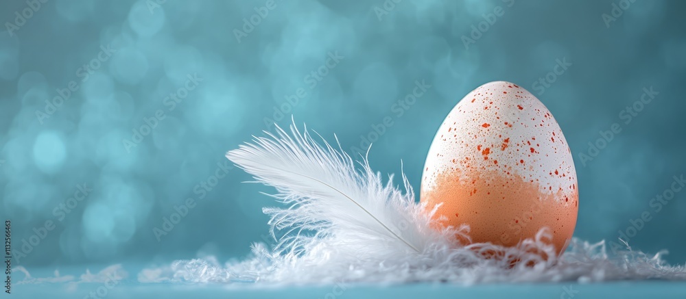 Poster easter egg adorned with white feather on soft blue background creating a serene festive atmosphere f