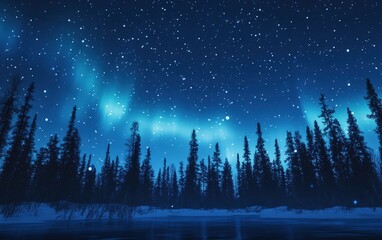 Naklejka premium A dark blue winter sky with softly falling snowflakes and faint northern lights creating a magical christmas atmosphere