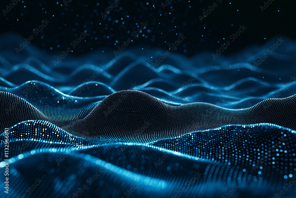 Poster abstract blue color digital particles wave with bokeh and light background