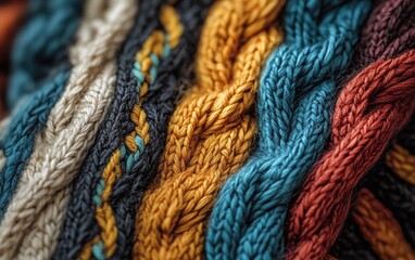 A detailed macro shot of a knitted scarf showing the intricate weaving of the threads