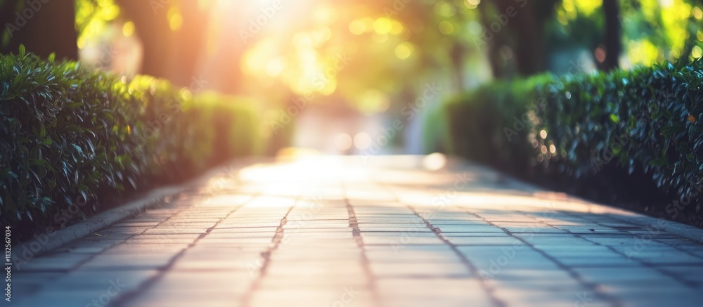 Aufkleber serene walkway in park with blurred background creating a tranquil atmosphere illuminated by soft su