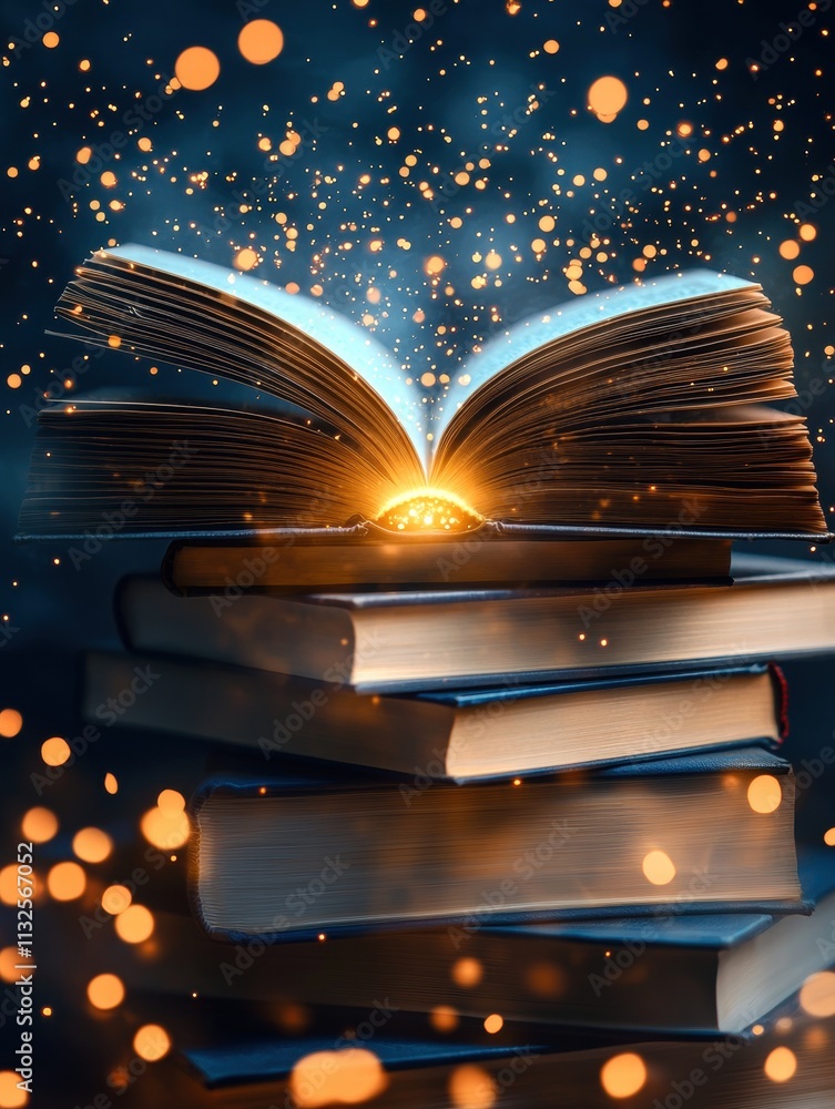 Poster an enchanting open book glowing amidst a stack, releasing sparkles of light and magic.