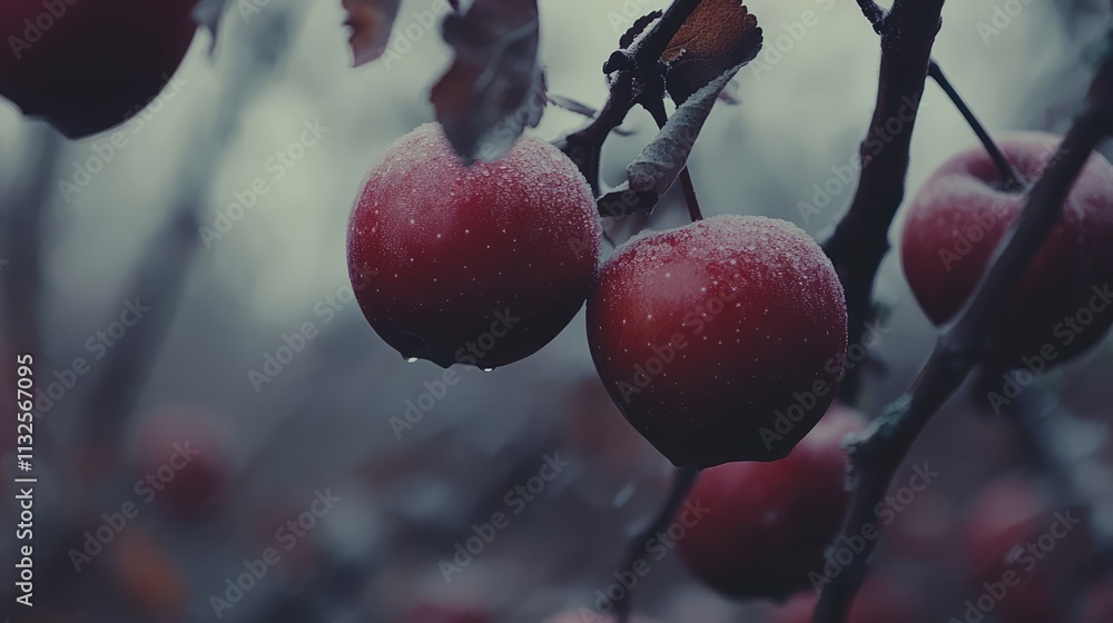 Aufkleber red apples with droplets of water hanging from branches in a misty orchard creating a vibrant and fr