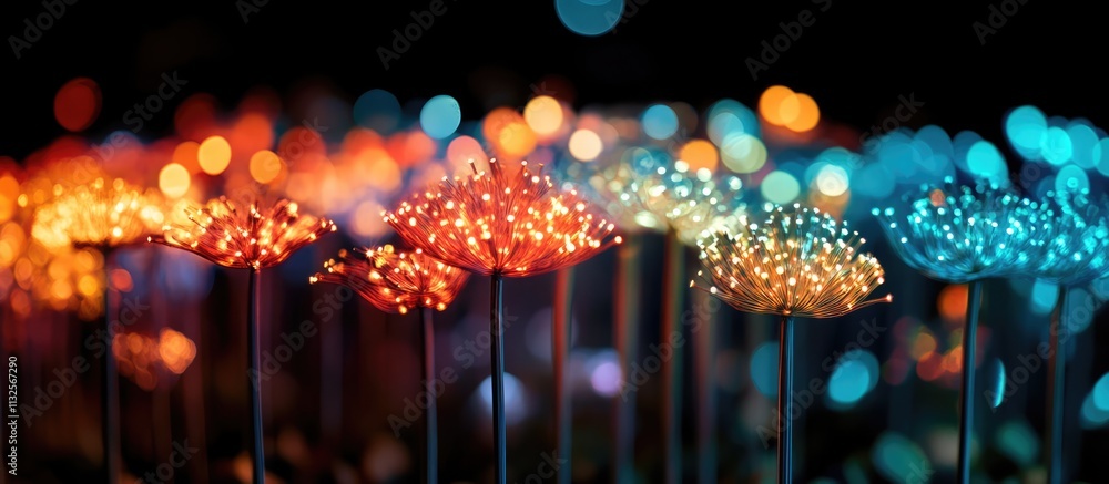 Poster colorful bokeh light effects resembling flowers against a dark background creating an enchanting and