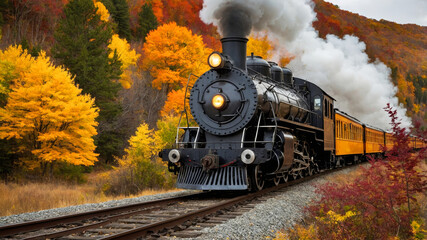 Naklejka premium A vintage steam locomotive traveling through a scenic autumn landscape