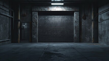 empty dark industrial garage with a steel roller shutter door, metal floor, and walls as a background for product presentation mock-up