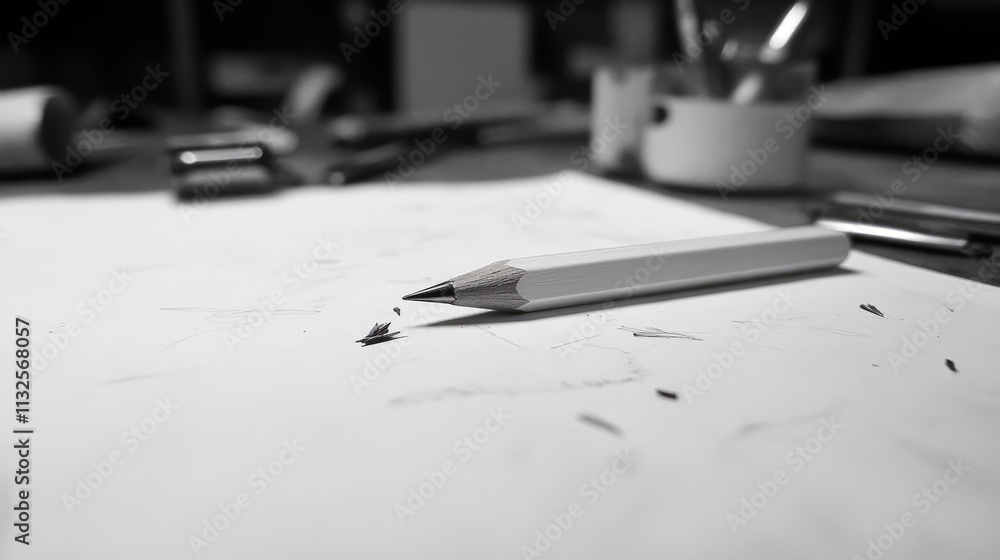 Poster pencil and sharpener resting on white paper with artistic sketches showcasing the creativity and too