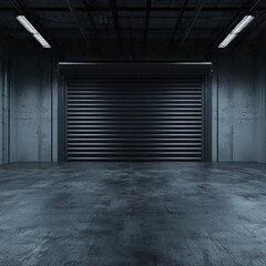 empty dark industrial garage with a steel roller shutter door, metal floor, and walls as a background for product presentation mock-up