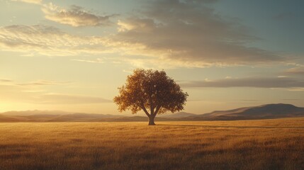 Fototapeta premium Majestic Lone Tree Silhouetted Against Golden Sunset Over Fields