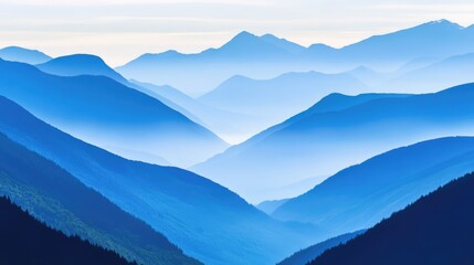 Fototapeta premium Peaceful mountain ranges in blue haze creating a serene and ethereal landscape with gradual color transitions and distant peaks in silhouette