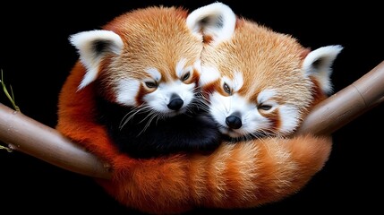 Obraz premium Two red pandas cuddling on a branch against a black background.