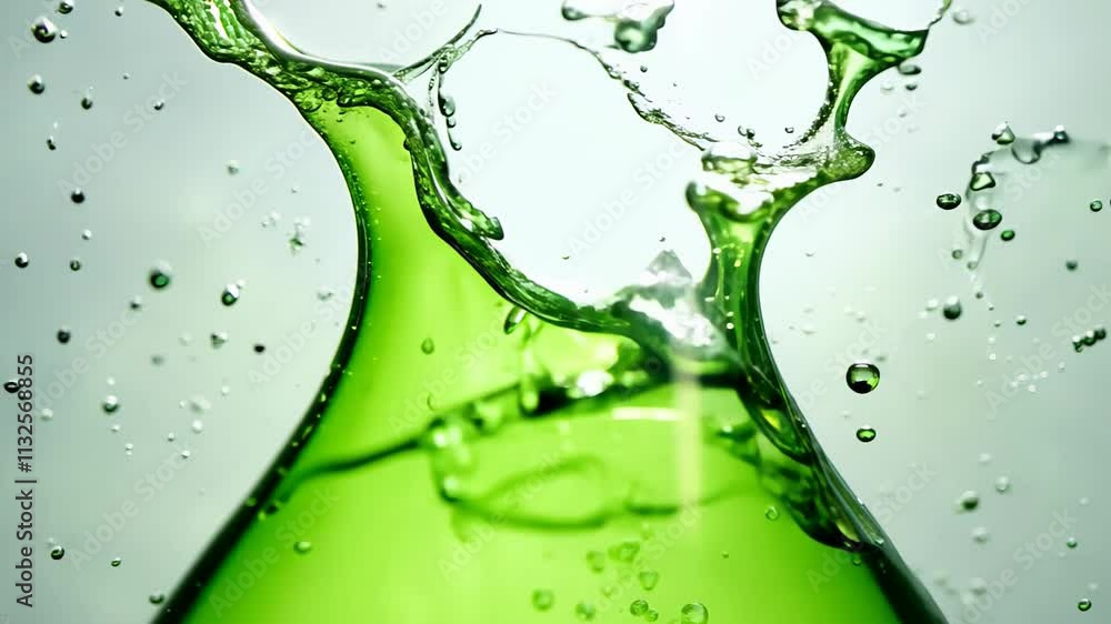 Poster captivating splash of vibrant green liquid creating mesmerizing patterns in a luminous environment. 