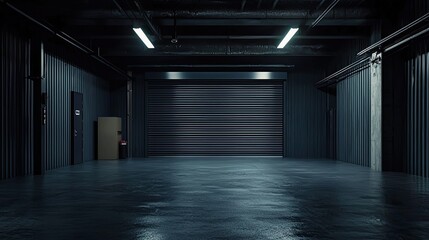 empty dark industrial garage with a steel roller shutter door, metal floor, and walls as a background for product presentation mock-up