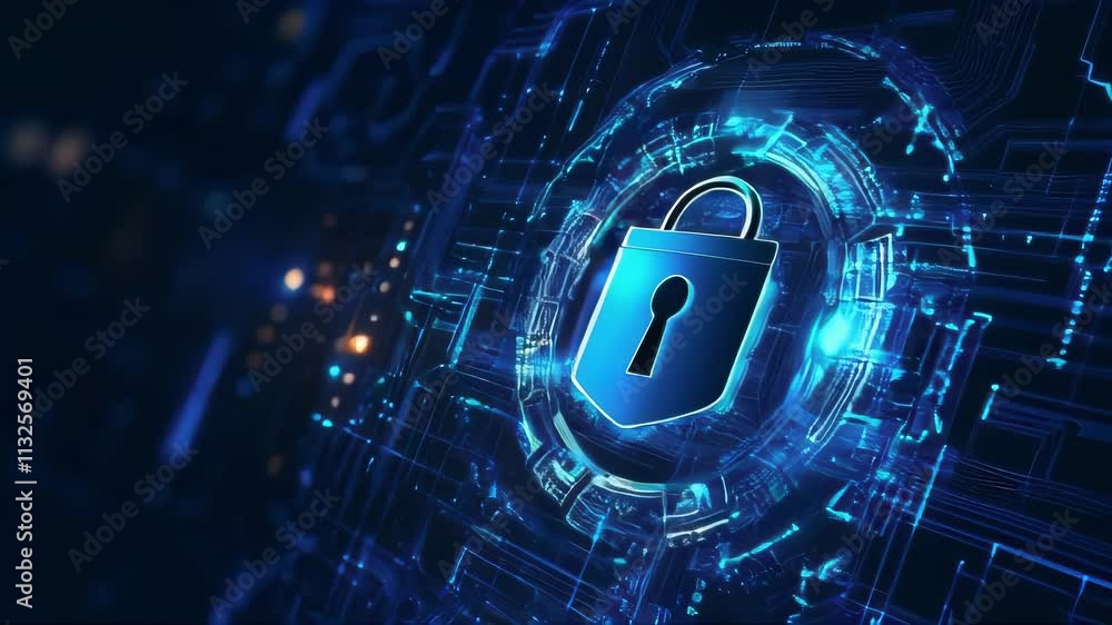 Poster a glowing blue padlock icon animates within a digital circuit design, representing cybersecurity, da
