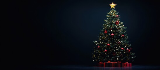 Obraz premium Illuminated Christmas tree with vibrant decorations and gifts in a dark setting creating a cozy festive atmosphere