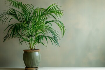 Fototapeta premium A vibrant green palm plant in a decorative pot against a soft background.