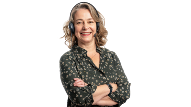 Call center middle age american woman with arms crossed and smile , customer service on white background