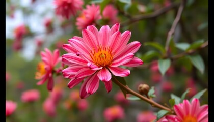 Obraz premium A close-up of a vibrant pink flower with yellow center, surrounded by lush greenery.