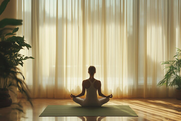 serene room with soft, natural lighting. A closeup photograph of a woman sits in a lotus position on a yoga mat, eyes closed, practicing mindfulness meditation.  