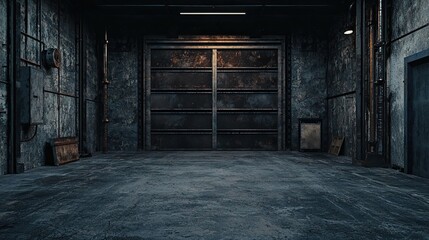 Obraz premium Dark empty industrial background with a metal garage door and floor, studio lighting