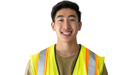 Asian young male smiling in yellow warning vest safety on white background	
