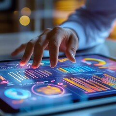 Naklejka premium Data Analyst Navigating Vibrant Digital Dashboards on Touchscreen Interface
