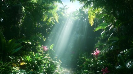 Sunbeams in the Jungle: Lush tropical foliage creates a mystical ambiance as sunlight pierces through the dense canopy, illuminating a hidden path.  A serene and enchanting scene. 