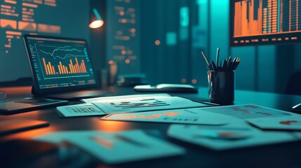 Detailed Financial Data Analytics Visualized in a Modern Corporate Office Setting