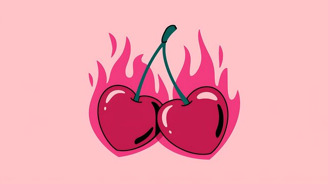 Fototapeta Two Cherries on Fire a Flaming Fruit Design