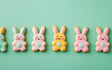 Obraz premium A row of bunny-shaped cookies with colorful icing placed on a soft green background for easter