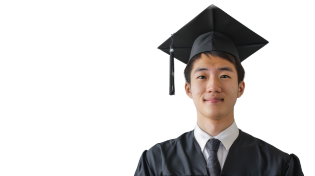 Asian young male in university graduate uniform and graduate cap on white background
