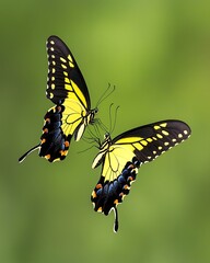 Obraz premium Two yellow butterflies facing each other.