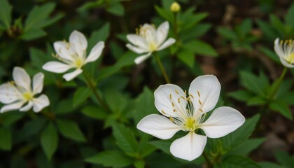 Fototapeta premium A close-up of delicate white flowers surrounded by green foliage.