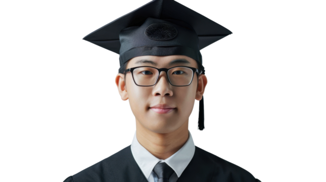 Asian young male in university graduate uniform and graduate cap on white background