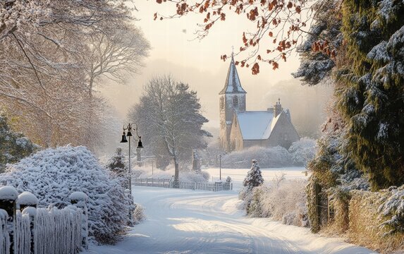 A serene countryside scene with a snow-covered church and bells ringing in the distance for st stephens day