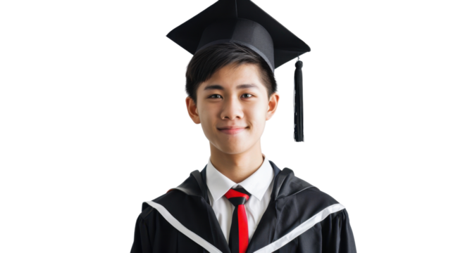 Asian young male in university graduate uniform and graduate cap on white background
- Powered by Adobe
