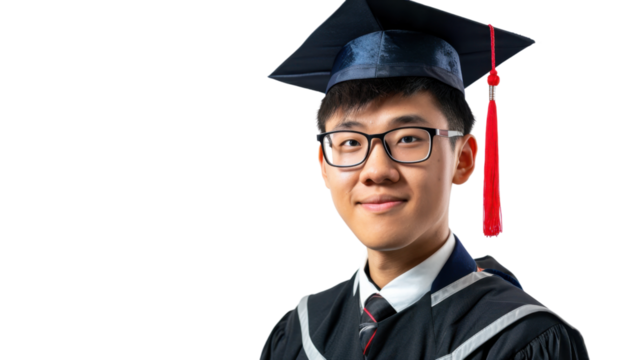 Asian young male in university graduate uniform and graduate cap on white background