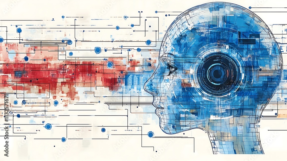 Poster digital mind: abstract artwork depicting a futuristic ai head, a blend of technology and human consc