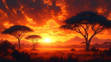 Fototapeta premium A sunset over a savanna with two trees in the foreground