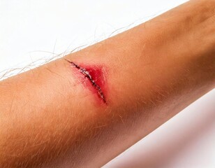 close-up of a fresh scrape wound on the arm caused by falling on rough pavement isolated on white background
