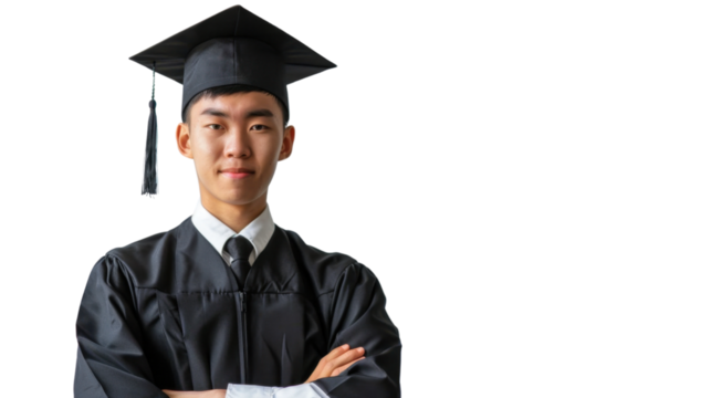Asian young male in university graduate uniform and graduate cap on white background