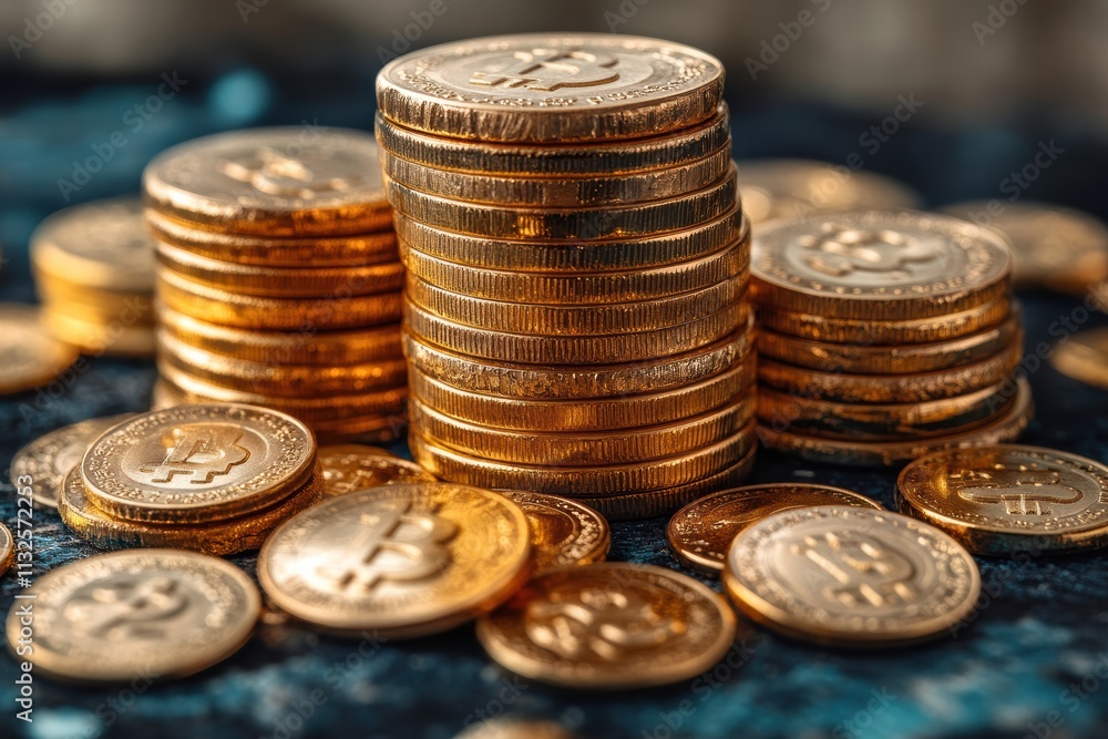Poster gold coins and bars stacked on a dark background create an elegant display of wealth