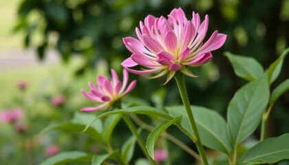 A close-up of pink flowers surrounded by green leaves in a natural setting.