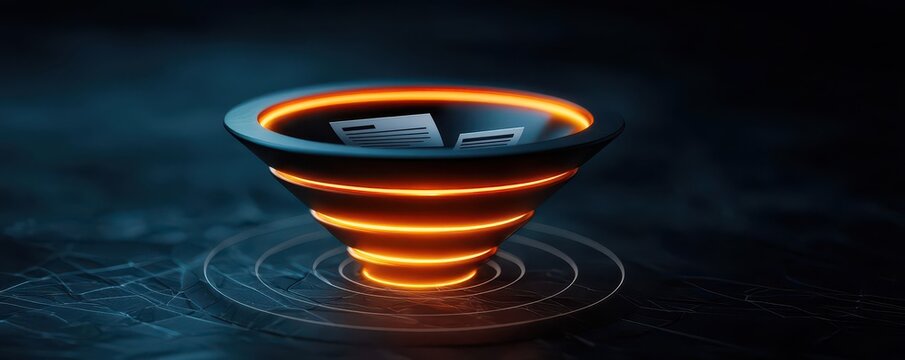 3D conceptual image of a large glowing funnel labeled Recruitment Funnel, with resumes, applications, and candidate profiles entering at the top