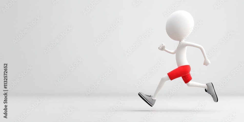 Poster people 3d expressions animated concept. running figure in red shorts on a minimalistic background.