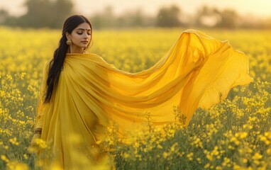 Fototapeta premium A young woman in a flowing yellow saree standing in a mustard field, celebrating the arrival of spring