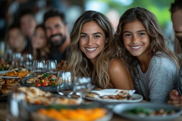 Family gathering around a large table with joyful smiles and delicious food